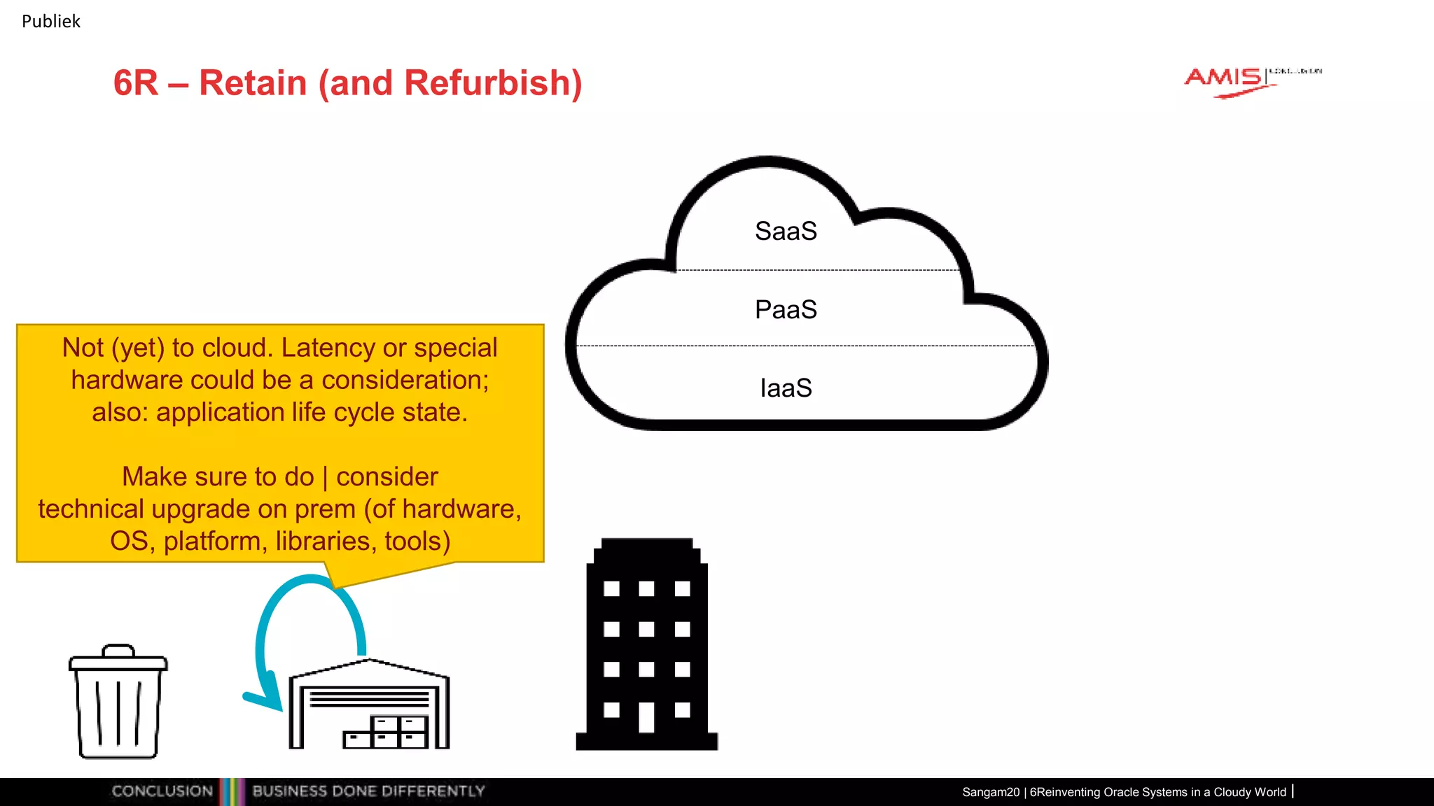 Publiek
6R – Retain (and Refurbish)
Sangam20 | 6Reinventing Oracle Systems in a Cloudy World
IaaS
PaaS
SaaS
Not (yet) to cloud. Latency or special
hardware could be a consideration;
also: application life cycle state.
Make sure to do | consider
technical upgrade on prem (of hardware,
OS, platform, libraries, tools)
 