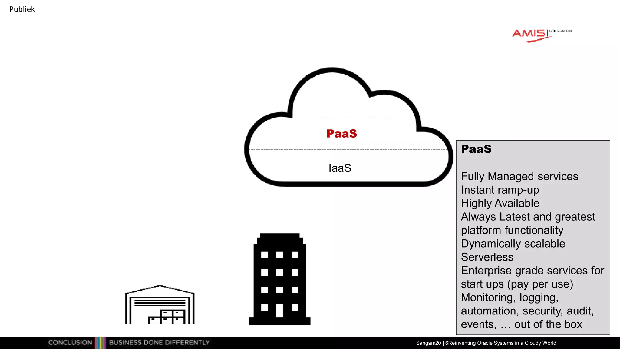 Publiek
Sangam20 | 6Reinventing Oracle Systems in a Cloudy World
IaaS
PaaS
PaaS
Fully Managed services
Instant ramp-up
Highly Available
Always Latest and greatest
platform functionality
Dynamically scalable
Serverless
Enterprise grade services for
start ups (pay per use)
Monitoring, logging,
automation, security, audit,
events, … out of the box
 