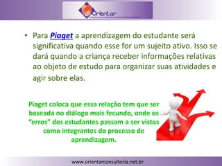 • Para Piaget a aprendizagem do estudante será
significativa quando esse for um sujeito ativo. Isso se
dará quando a criança receber informações relativas
ao objeto de estudo para organizar suas atividades e
agir sobre elas.
Piaget coloca que essa relação tem que ser
baseada no diálogo mais fecundo, onde os
“erros” dos estudantes passam a ser vistos
como integrantes do processo de
aprendizagem.
 