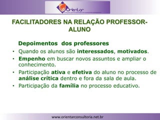 Depoimentos dos professores
• Quando os alunos são interessados, motivados.
• Empenho em buscar novos assuntos e ampliar o
conhecimento.
• Participação ativa e efetiva do aluno no processo de
análise crítica dentro e fora da sala de aula.
• Participação da família no processo educativo.
FACILITADORES NA RELAÇÃO PROFESSOR-
ALUNO
 