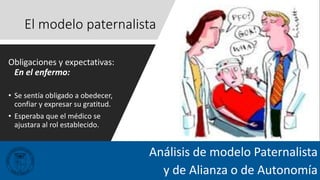 El modelo paternalista
Obligaciones y expectativas:
En el enfermo:
• Se sentía obligado a obedecer,
confiar y expresar su gratitud.
• Esperaba que el médico se
ajustara al rol establecido.
Análisis de modelo Paternalista
y de Alianza o de Autonomía
 
