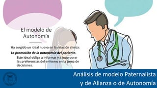 El modelo de
Autonomía
Ha surgido un ideal nuevo en la relación clínica:
La promoción de la autonomía del paciente.
Este ideal obliga a informar y a incorporar
las preferencias del enfermo en la toma de
decisiones.
Análisis de modelo Paternalista
y de Alianza o de Autonomía
 