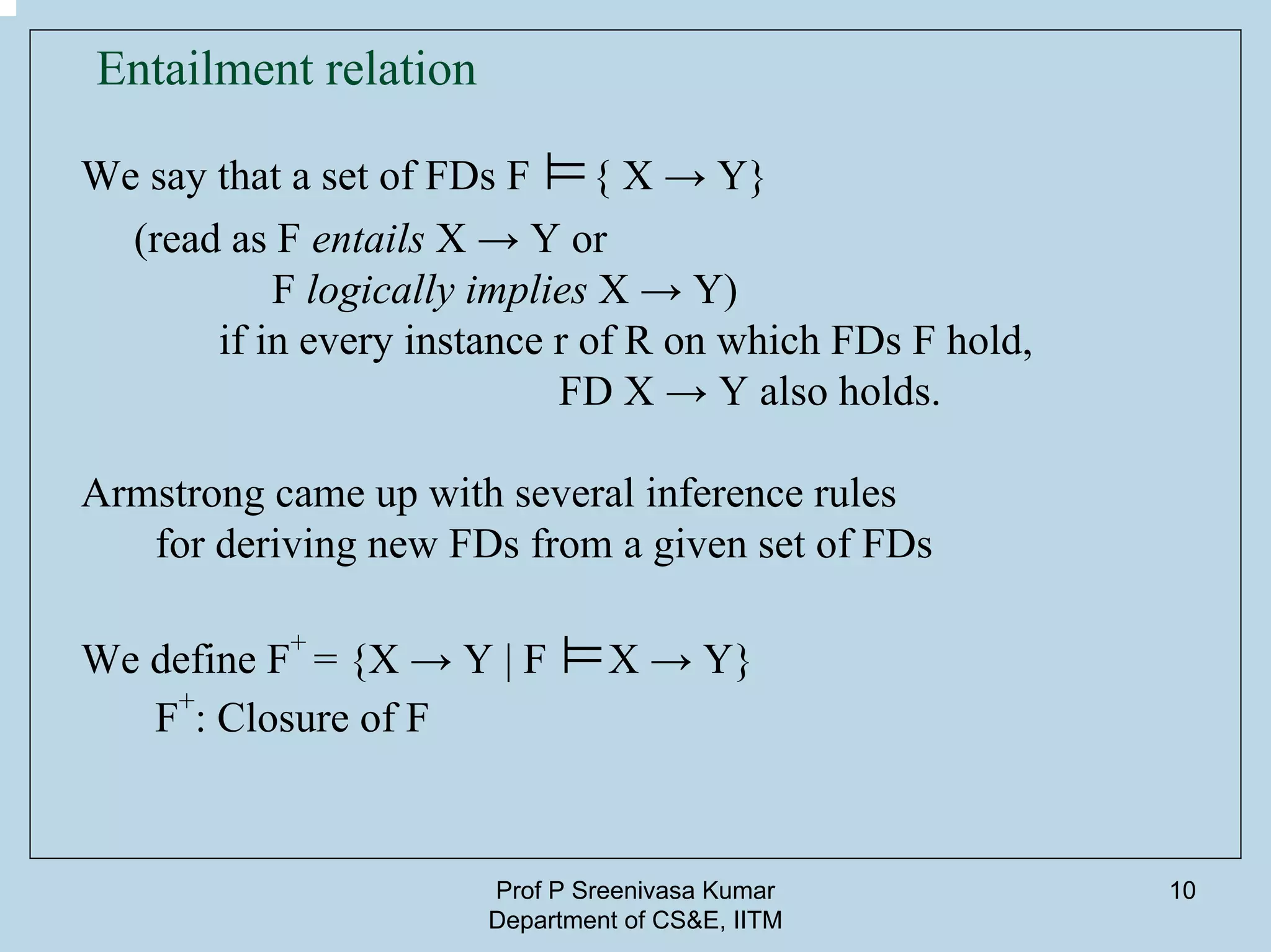 Prof P Sreenivasa Kumar
Department of CS&E, IITM
10
Entailment relation
We say that a set of FDs F ⊨{ X → Y}
(read as F entails X → Y or
F logically implies X → Y)
if in every instance r of R on which FDs F hold,
FD X → Y also holds.
Armstrong came up with several inference rules
for deriving new FDs from a given set of FDs
We define F+
= {X → Y | F ⊨X → Y}
F
+
: Closure of F
 