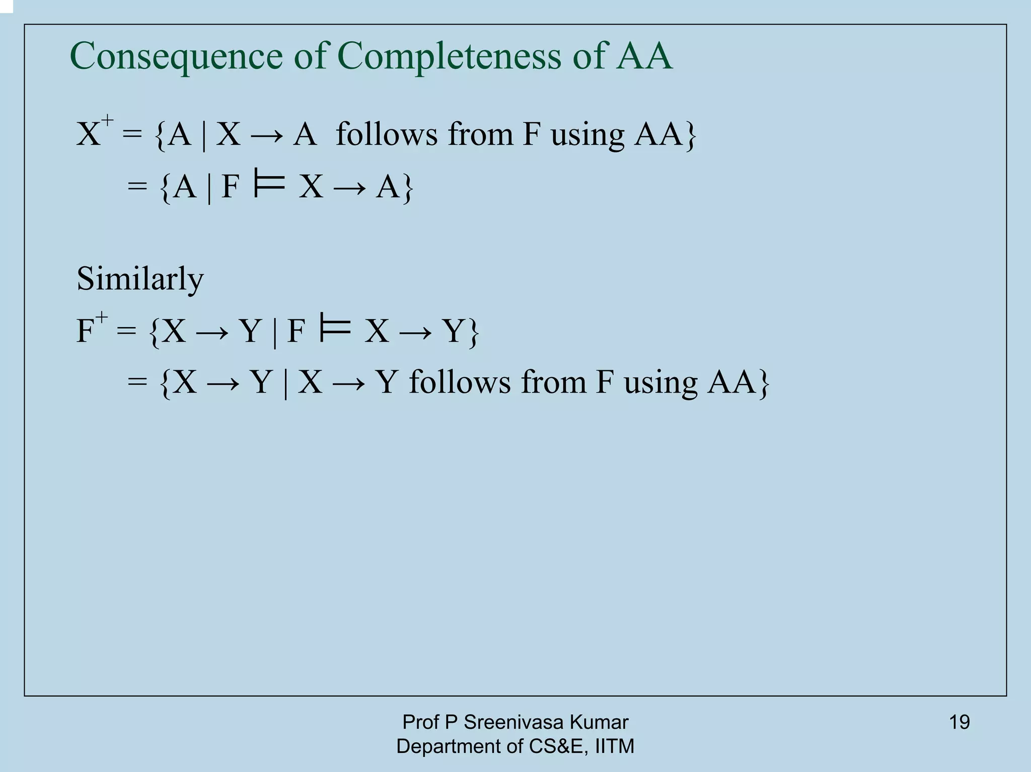 Prof P Sreenivasa Kumar
Department of CS&E, IITM
19
Consequence of Completeness of AA
X
+
= {A | X → A follows from F using AA}
= {A | F ⊨ X → A}
Similarly
F
+
= {X → Y | F ⊨ X → Y}
= {X → Y | X → Y follows from F using AA}
 