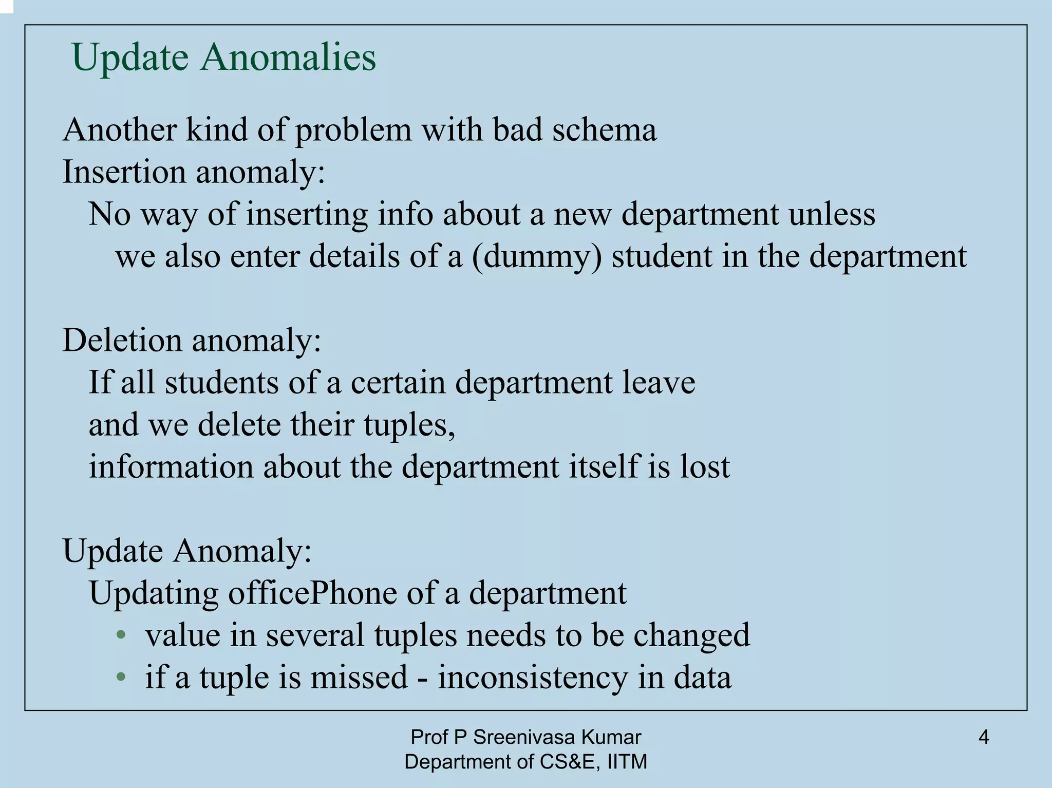 Prof P Sreenivasa Kumar
Department of CS&E, IITM
4
Update Anomalies
Another kind of problem with bad schema
Insertion anomaly:
No way of inserting info about a new department unless
we also enter details of a (dummy) student in the department
Deletion anomaly:
If all students of a certain department leave
and we delete their tuples,
information about the department itself is lost
Update Anomaly:
Updating officePhone of a department
• value in several tuples needs to be changed
• if a tuple is missed - inconsistency in data
 