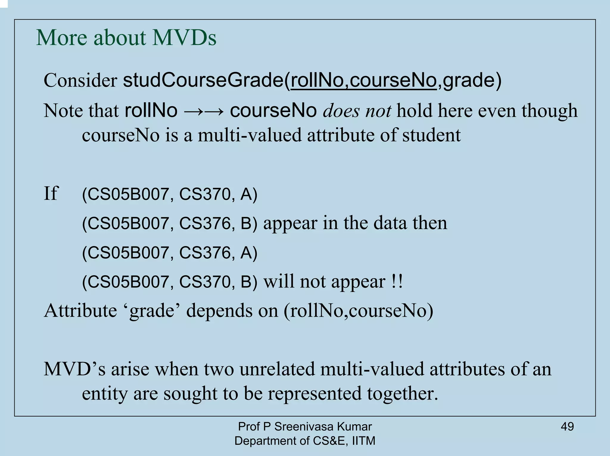 Prof P Sreenivasa Kumar
Department of CS&E, IITM
49
More about MVDs
Consider studCourseGrade(rollNo,courseNo,grade)
Note that rollNo →→ courseNo does not hold here even though
courseNo is a multi-valued attribute of student
If (CS05B007, CS370, A)
(CS05B007, CS376, B) appear in the data then
(CS05B007, CS376, A)
(CS05B007, CS370, B) will not appear !!
Attribute ‘grade’ depends on (rollNo,courseNo)
MVD’s arise when two unrelated multi-valued attributes of an
entity are sought to be represented together.
 