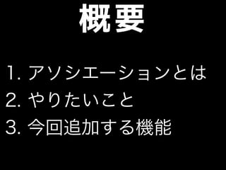 概要
1. アソシエーションとは
2. やりたいこと
3. 今回追加する機能
 