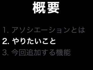 概要
1. アソシエーションとは
2. やりたいこと
3. 今回追加する機能
 