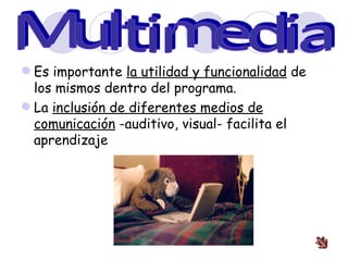  Es importante la utilidad y funcionalidad de
  los mismos dentro del programa.
 La inclusión de diferentes medios de
  comunicación -auditivo, visual- facilita el
  aprendizaje
 