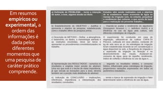 Em resumos
empíricos ou
experimental, a
ordem das
informações é
dada pelos
diferentes
momentos que
uma pesquisa de
caráter prático
compreende.
 