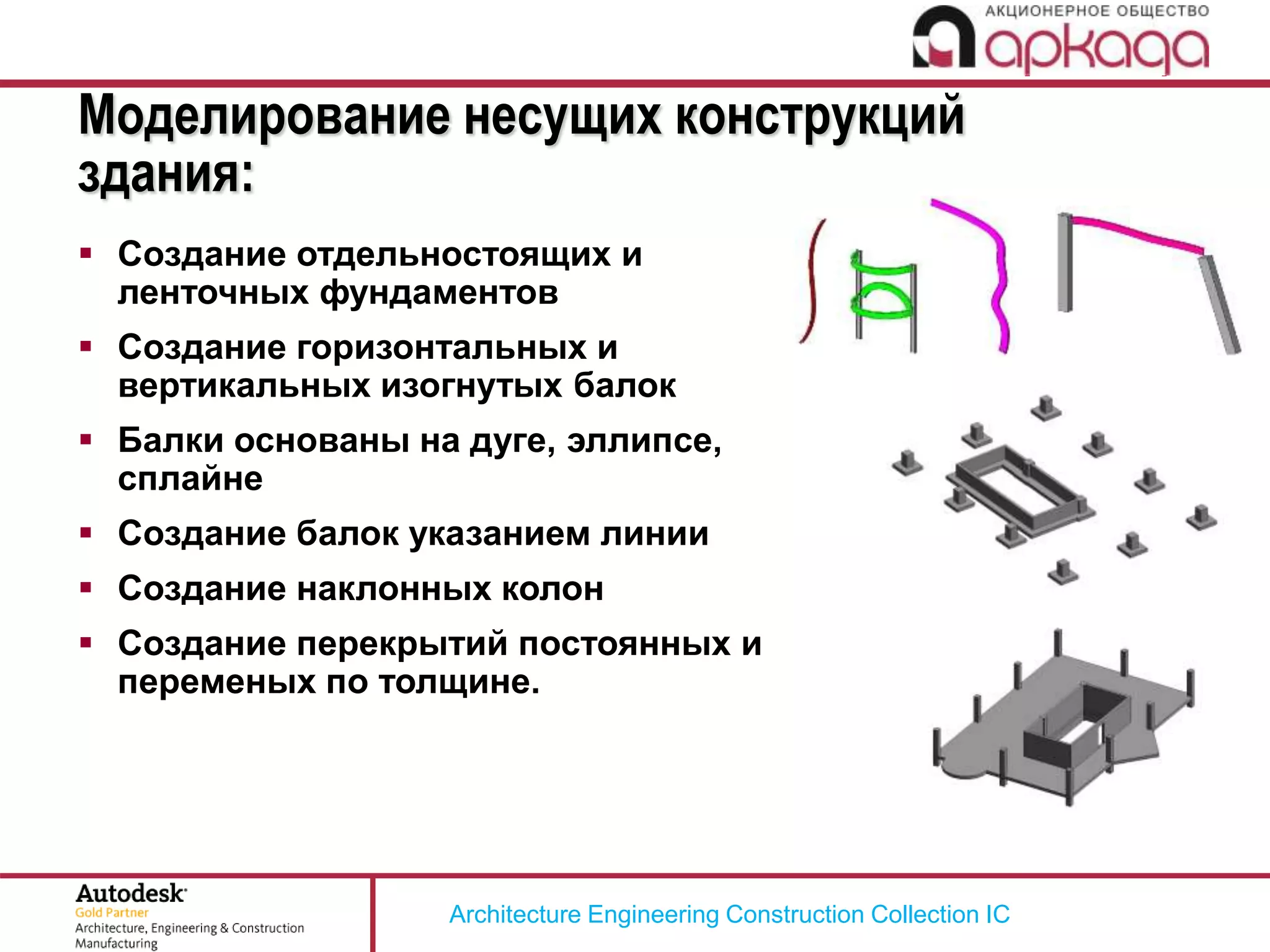 Architecture Engineering Construction Collection IC
Моделирование несущих конструкций
здания:
 Создание отдельностоящих и
ленточных фундаментов
 Создание горизонтальных и
вертикальных изогнутых балок
 Балки основаны на дуге, эллипсе,
сплайне
 Создание балок указанием линии
 Создание наклонных колон
 Создание перекрытий постоянных и
переменых по толщине.
 