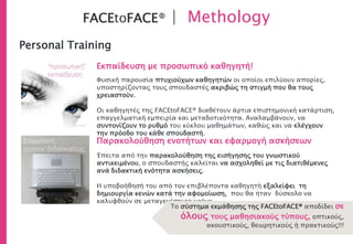 FACEtoFACE® | Methology
Personal Training
Φυσική παρουσία πτυχιούχων καθηγητών οι οποίοι επιλύουν απορίες,
υποστηρίζοντας τους σπουδαστές ακριβώς τη στιγμή που θα τους
χρειαστούν.
Οι καθηγητές της FACEtoFACE® διαθέτουν άρτια επιστημονική κατάρτιση,
επαγγελματική εμπειρία και μεταδοτικότητα. Αναλαμβάνουν, να
συντονίζουν το ρυθμό του κύκλου μαθημάτων, καθώς και να ελέγχουν
την πρόοδο του κάθε σπουδαστή.
Εκπαίδευση με προσωπικό καθηγητή!
Παρακολούθηση ενοτήτων και εφαρμογή ασκήσεων
Έπειτα από την παρακολούθηση της εισήγησης του γνωστικού
αντικειμένου, ο σπουδαστής καλείται να ασχοληθεί με τις διατιθέμενες
ανά διδακτική ενότητα ασκήσεις.
Η υποβοήθησή του από τον επιβλέποντα καθηγητή εξαλείφει τη
δημιουργία κενών κατά την αφομοίωση, που θα ήταν δύσκολο να
καλυφθούν σε μεταγενέστερο χρόνο.
Το σύστημα εκμάθησης της FACEtoFACE® αποδίδει σε
όλους τους μαθησιακούς τύπους, οπτικούς,
ακουστικούς, θεωρητικούς ή πρακτικούς!!!
 
