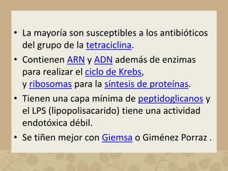 • La mayoría son susceptibles a los antibióticos 
del grupo de la tetraciclina. 
• Contienen ARN y ADN además de enzimas 
para realizar el ciclo de Krebs, 
y ribosomas para la síntesis de proteínas. 
• Tienen una capa mínima de peptidoglicanos y 
el LPS (lipopolisacarido) tiene una actividad 
endotóxica débil. 
• Se tiñen mejor con Giemsa o Giménez Porraz . 
 
