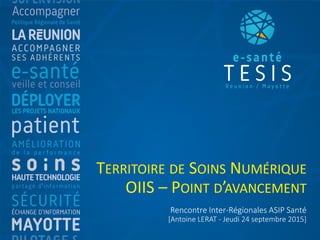 Rencontre Inter-Régionales ASIP Santé
[Antoine LERAT - Jeudi 24 septembre 2015]
TERRITOIRE DE SOINS NUMÉRIQUE
OIIS – POINT D’AVANCEMENT
 
