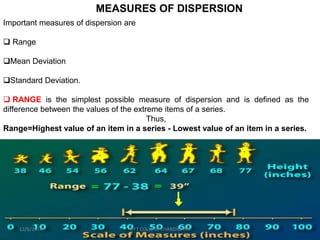 MEASURES OF DISPERSION 
Important measures of dispersion are 
 Range 
Mean Deviation 
Standard Deviation. 
 RANGE is the simplest possible measure of dispersion and is defined as the 
difference between the values of the extreme items of a series. 
Thus, 
Range=Highest value of an item in a series - Lowest value of an item in a series. 
12/6/2014 ITFT COLLEGE CHANDIGARH 
 