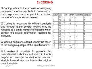 2) CODING 
 Coding refers to the process of assigning 
numerals or other symbols to answers so 
that responses can be put into a limited 
number of categories or classes. 
 Coding is necessary for efficient analysis 
and through it the several replies may be 
reduced to a small number of classes which 
contain the critical information required for 
analysis. 
 Coding decisions should usually be taken 
at the designing stage of the questionnaire. 
 It makes it possible to precode the 
quesistionnaire choices and which in turn is 
helpful for computer tabulation as one can 
straight forward key punch from the original 
questionnaires. 
12/6/2014 ITFT COLLEGE CHANDIGARH 
 