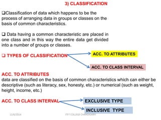 3) CLASSIFICATION 
Classification of data which happens to be the 
process of arranging data in groups or classes on the 
basis of common characteristics. 
 Data having a common characteristic are placed in 
one class and in this way the entire data get divided 
into a number of groups or classes. 
 TYPES OF CLASSIFICATION ACC. TO ATTRIBUTES 
ACC. TO CLASS INTERVAL 
ACC. TO ATTRIBUTES 
data are classified on the basis of common characteristics which can either be 
descriptive (such as literacy, sex, honesty, etc.) or numerical (such as weight, 
height, income, etc.) 
ACC. TO CLASS INTERVAL EXCLUSIVE TYPE 
INCLUSIVE TYPE 
12/6/2014 ITFT COLLEGE CHANDIGARH 
 
