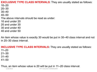 EXCLUSIVE TYPE CLASS INTERVALS: They are usually stated as follows: 
10–20 
20–30 
30–40 
40–50 
The above intervals should be read as under: 
10 and under 20 
20 and under 30 
30 and under 40 
40 and under 50 
An item whose value is exactly 30 would be put in 30–40 class interval and not 
in 20–30 class interval. 
INCLUSIVE TYPE CLASS INTERVALS: They are usually stated as follows: 
11–20 
21–30 
31–40 
41–50 
Thus, an item whose value is 20 will be put in 11–20 class interval. 
12/6/2014 ITFT COLLEGE CHANDIGARH 
 