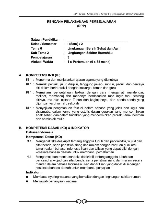 6 Rpp Sd Kelas 1 Semester 2 Lingkungan Bersih Sehat Dan Asri 6 Rpp Sd Kelas 1 Semester 2 Lingkungan Bersih Sehat Dan Asri