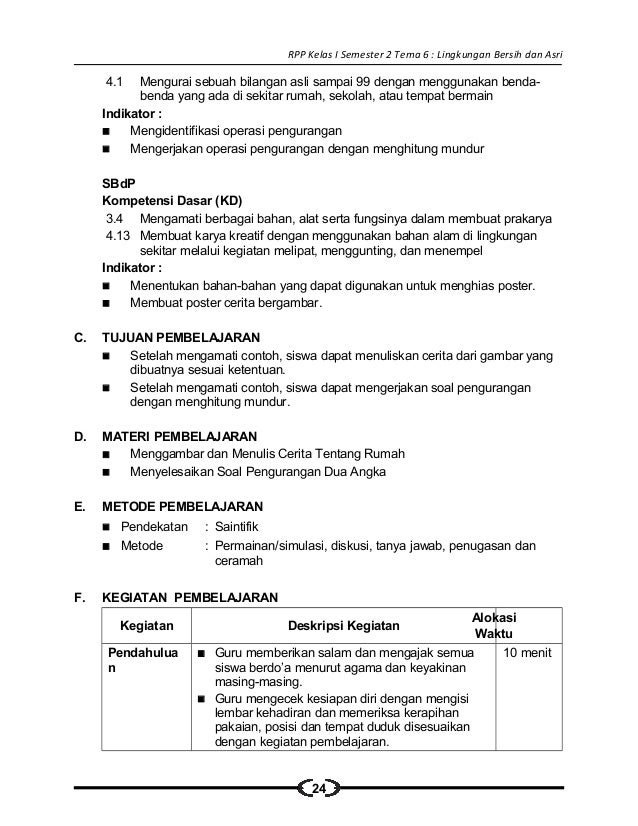 Rpp Sd Kelas 1 Semester 2 Lingkungan Bersih Sehat Dan Asri