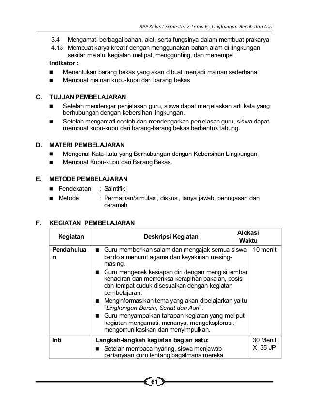 Rpp Sd Kelas 1 Semester 2 Lingkungan Bersih Sehat Dan Asri