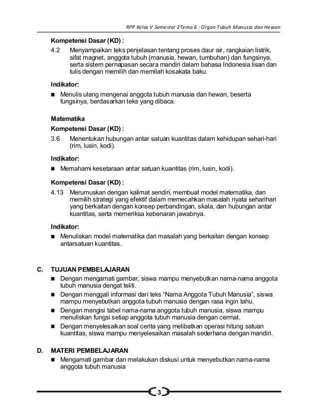 6 Rpp Sd Kelas 5 Semester 2 Organ Tubuh Manusia Dan Hewan
