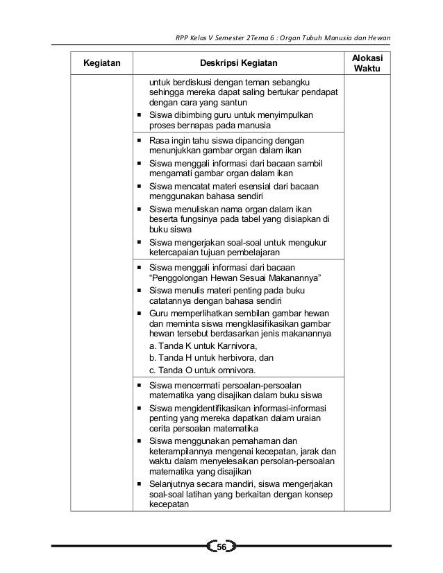  6 rpp sd kelas 5 semester 2 organ  tubuh manusia dan hewan 