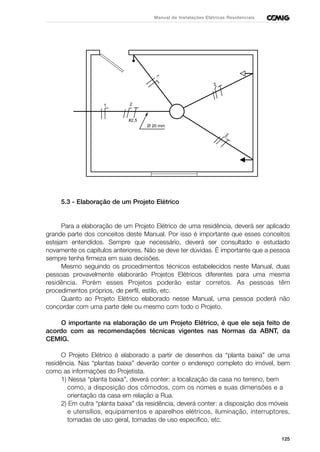 125
Manual de Instalações Elétricas Residenciais
2
2
1 2
#2,5
Ø 20 mm
1
5.3 - Elaboração de um Projeto Elétrico
Para a elaboração de um Projeto Elétrico de uma residência, deverá ser aplicado
grande parte dos conceitos deste Manual. Por isso é importante que esses conceitos
estejam entendidos. Sempre que necessário, deverá ser consultado e estudado
novamente os capítulos anteriores. Não se deve ter dúvidas. É importante que a pessoa
sempre tenha firmeza em suas decisões.
Mesmo seguindo os procedimentos técnicos estabelecidos neste Manual, duas
pessoas provavelmente elaborarão Projetos Elétricos diferentes para uma mesma
residência. Porém esses Projetos poderão estar corretos. As pessoas têm
procedimentos próprios, de perfil, estilo, etc.
Quanto ao Projeto Elétrico elaborado nesse Manual, uma pessoa poderá não
concordar com uma parte dele ou mesmo com todo o Projeto.
O importante na elaboração de um Projeto Elétrico, é que ele seja feito de
acordo com as recomendações técnicas vigentes nas Normas da ABNT, da
CEMIG.
O Projeto Elétrico é elaborado a partir de desenhos da “planta baixa” de uma
residência. Nas “plantas baixa” deverão conter o endereço completo do imóvel, bem
como as informações do Projetista.
1) Nessa “planta baixa”, deverá conter: a localização da casa no terreno, bem
como, a disposição dos cômodos, com os nomes e suas dimensões e a
orientação da casa em relação a Rua.
2) Em outra “planta baixa” da residência, deverá conter: a disposição dos móveis
e utensílios, equipamentos e aparelhos elétricos, iluminação, interruptores,
tomadas de uso geral, tomadas de uso específico, etc.
 