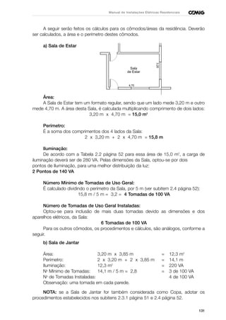 131
Manual de Instalações Elétricas Residenciais
A seguir serão feitos os cálculos para os cômodos/áreas da residência. Deverão
ser calculados, a área e o perímetro destes cômodos.
a) Sala de Estar
Área:
A Sala de Estar tem um formato regular, sendo que um lado mede 3,20 m e outro
mede 4,70 m. A área desta Sala, é calculada multiplicando comprimento de dois lados:
3,20 m x 4,70 m = 15,0 m2
Perímetro:
É a soma dos comprimentos dos 4 lados da Sala:
2 x 3,20 m + 2 x 4,70 m = 15,8 m
Iluminação:
De acordo com a Tabela 2.2 página 52 para essa área de 15,0 m2
, a carga de
iluminação deverá ser de 280 VA. Pelas dimensões da Sala, optou-se por dois
pontos de Iluminação, para uma melhor distribuição da luz:
2 Pontos de 140 VA
Número Mínimo de Tomadas de Uso Geral:
É calculado dividindo o perímetro da Sala, por 5 m (ver subitem 2.4 página 52):
15,8 m / 5 m = 3,2 = 4 Tomadas de 100 VA
Número de Tomadas de Uso Geral Instaladas:
Optou-se para inclusão de mais duas tomadas devido as dimensões e dos
aparelhos elétricos, da Sala:
6 Tomadas de 100 VA
Para os outros cômodos, os procedimentos e cálculos, são análogos, conforme a
seguir.
b) Sala de Jantar
Área: 3,20 m x 3,85 m = 12,3 m2
Perímetro: 2 x 3,20 m + 2 x 3,85 m = 14,1 m
Iluminação: 12,3 m2
= 220 VA
No
Mínimo de Tomadas: 14,1 m / 5 m = 2,8 = 3 de 100 VA
No
de Tomadas Instaladas: 4 de 100 VA
Observação: uma tomada em cada parede.
NOTA: se a Sala de Jantar for também considerada como Copa, adotar os
procedimentos estabelecidos nos subitens 2.3.1 página 51 e 2.4 página 52.
Sala
de Estar
4,70
3,20
 