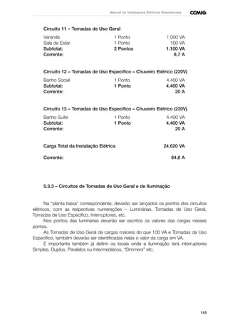 143
Manual de Instalações Elétricas Residenciais
Circuito 11 – Tomadas de Uso Geral
Varanda 1 Ponto 1.000 VA
Sala de Estar 1 Ponto 100 VA
Subtotal: 2 Pontos 1.100 VA
Corrente: 8,7 A
Circuito 12 – Tomadas de Uso Específico – Chuveiro Elétrico (220V)
Banho Social 1 Ponto 4.400 VA
Subtotal: 1 Ponto 4.400 VA
Corrente: 20 A
Circuito 13 – Tomadas de Uso Específico – Chuveiro Elétrico (220V)
Banho Suíte 1 Ponto 4.400 VA
Subtotal: 1 Ponto 4.400 VA
Corrente: 20 A
Carga Total da Instalação Elétrica 24.620 VA
Corrente: 64,6 A
5.3.3 – Circuitos de Tomadas de Uso Geral e de Iluminação
Na “planta baixa” correspondente, deverão ser lançados os pontos dos circuitos
elétricos, com as respectivas numerações – Luminárias, Tomadas de Uso Geral,
Tomadas de Uso Específico, Interruptores, etc.
Nos pontos das luminárias deverão ser escritos os valores das cargas nesses
pontos.
As Tomadas de Uso Geral de cargas maiores do que 100 VA e Tomadas de Uso
Específico, também deverão ser identificadas nelas o valor da carga em VA.
É importante também já definir os locais onde a iluminação terá interruptores
Simples, Duplos, Paralelos ou Intermediários, “Dimmers” etc.
 