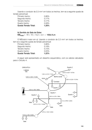 155
Manual de Instalações Elétricas Residenciais
Usando o condutor de 2,5 mm2
em todos os trechos, tem-se a seguinte queda de
tensão percentual:
Primeiro trecho: 0,86%
Segundo trecho: 0,17%
Terceiro trecho: 0,17%
Quarto trecho: 0,08%
Queda Tensão Total: 1,28%
b) Sentido do Sala de Estar:
MEtotal = 78 + 16 + 13,2 + 2,4 = 109,6 A.m
O MEtotal é maior em a). Usando o condutor de 2,5 mm2
em todos os trechos,
tem-se a seguinte queda de tensão percentual:
Primeiro trecho: 0,86%
Segundo trecho: 0,18%
Terceiro trecho: 0,15%
Quarto trecho: 0,03%
Queda Tensão Total: 1,22%
A seguir será apresentado um desenho esquemático, com os valores calculados
para o Circuito 4:
CIRCUITO 4
1.900VA
15A
QDC
5,20 m x 15A = 78Am
Banho social
Corredor
Quarto 1
Quarto 1
Quarto 2
Quarto 1
Sala
Sala
Sala
Quarto 1
Sala
4,40 m x 3,9A = 17,3Am
600VA
1,50 m x 4,7A = 7,1Am
2,50 m x 6,3A = 15,7Am
2,50 m x 6,3A = 15,7Am
3,40 m x 4,7A = 16Am
3 m x 0,79A = 2,4Am
2,70 m x 1,6A = 4,3Am
3,70 m x 1,6A = 5,9Am
4,20 m x 3,1A = 13,2Am
 