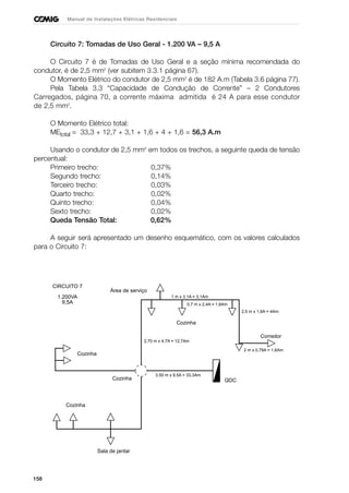158
Manual de Instalações Elétricas Residenciais
Circuito 7: Tomadas de Uso Geral - 1.200 VA – 9,5 A
O Circuito 7 é de Tomadas de Uso Geral e a seção mínima recomendada do
condutor, é de 2,5 mm2
(ver subitem 3.3.1 página 67).
O Momento Elétrico do condutor de 2,5 mm2
é de 182 A.m (Tabela 3.6 página 77).
Pela Tabela 3.3 “Capacidade de Condução de Corrente” – 2 Condutores
Carregados, página 70, a corrente máxima admitida é 24 A para esse condutor
de 2,5 mm2
.
O Momento Elétrico total:
MEtotal = 33,3 + 12,7 + 3,1 + 1,6 + 4 + 1,6 = 56,3 A.m
Usando o condutor de 2,5 mm2
em todos os trechos, a seguinte queda de tensão
percentual:
Primeiro trecho: 0,37%
Segundo trecho: 0,14%
Terceiro trecho: 0,03%
Quarto trecho: 0,02%
Quinto trecho: 0,04%
Sexto trecho: 0,02%
Queda Tensão Total: 0,62%
A seguir será apresentado um desenho esquemático, com os valores calculados
para o Circuito 7:
CIRCUITO 7
1.200VA
9,5A
QDC
Área de serviço
1 m x 3,1A = 3,1Am
Cozinha
Cozinha
Cozinha
Cozinha
Sala de jantar
Corredor
2,5 m x 1,6A = 4Am
0,7 m x 2,4A = 1,6Am
2,70 m x 4,7A = 12,7Am
3,50 m x 9,5A = 33,3Am
2 m x 0,79A = 1,6Am
 
