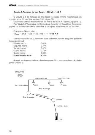 160
Manual de Instalações Elétricas Residenciais
Circuito 9: Tomadas de Uso Geral – 1.800 VA – 14,2 A
O Circuito 9 é de Tomadas de Uso Geral e a seção mínima recomendada do
condutor, é de 2,5 mm2
(ver subitem 3.3.1 página 67).
O Momento Elétrico do condutor de 2,5 mm2
é de 182 A.m (Tabela 3.6 página 77).
Pela Tabela 3.3 “Capacidade de Condução de Corrente” – 2 Condutores Carregados,
página 70, a corrente máxima admitida é 24 A para esse condutor de 2,5 mm2
.
O Momento Elétrico total:
MEtotal = 56,8 + 42,6 + 42,6 + 9,5 + 7 = 158,5 A.m
Usando o condutor de 2,5 mm2
em todos os trechos, tem-se a seguinte queda de
tensão percentual:
Primeiro trecho: 0,62%
Segundo trecho: 0,47%
Terceiro trecho: 0,47%
Quarto trecho: 0,10%
Quinto trecho: 0,08%
Queda Tensão Total: 1,74%
A seguir será apresentado um desenho esquemático, com os valores calculados
para o Circuito 9:
CIRCUITO 9
1.800VA
14,2A
QDC
Corredor
0,5 m x 9,5A = 4,7Am 1,5 m x 4,7A = 7Am
600VA600VA600VA3 m x 14,2A = 42,6Am
3 m x 14,2A = 42,6Am
Área de serviço
4 m x 14,2A = 56,8Am
Área de serviço
 