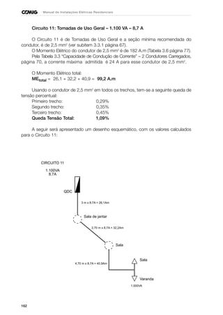 162
Manual de Instalações Elétricas Residenciais
Circuito 11: Tomadas de Uso Geral – 1.100 VA – 8,7 A
O Circuito 11 é de Tomadas de Uso Geral e a seção mínima recomendada do
condutor, é de 2,5 mm2
(ver subitem 3.3.1 página 67).
O Momento Elétrico do condutor de 2,5 mm2
é de 182 A.m (Tabela 3.6 página 77).
Pela Tabela 3.3 “Capacidade de Condução de Corrente” – 2 Condutores Carregados,
página 70, a corrente máxima admitida é 24 A para esse condutor de 2,5 mm2
.
O Momento Elétrico total:
MEtotal = 26,1 + 32,2 + 40,9 = 99,2 A.m
Usando o condutor de 2,5 mm2
em todos os trechos, tem-se a seguinte queda de
tensão percentual:
Primeiro trecho: 0,29%
Segundo trecho: 0,35%
Terceiro trecho: 0,45%
Queda Tensão Total: 1,09%
A seguir será apresentado um desenho esquemático, com os valores calculados
para o Circuito 11:
CIRCUITO 11
1.100VA
8,7A
QDC
Sala de jantar
3 m x 8,7A = 26,1Am
3,70 m x 8,7A = 32,2Am
Sala
4,70 m x 8,7A = 40,9Am
Sala
Varanda
1.000VA
 