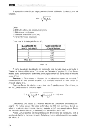174
Manual de Instalações Elétricas Residenciais
A expressão matemática a seguir, permite calcular o diâmetro do eletroduto a ser
utilizado.
D = d2
x N
K
Onde:
D: Diâmetro interno do eletroduto em mm;
N: Número de condutores;
d: Diâmetro externo do condutor;
K: Taxa máxima de ocupação.
O valor de K, é dado pela Tabela 5.3.
QUANTIDADE DE TAXA MÁXIMA DE
CABOS ISOLADOS OCUPAÇÃO (K)
1 0,53
2 0,31
3 0,40
4 0,40
Mais de 4 0,40
Tabela 5.3
A partir do cálculo do diâmetro do eletroduto, pela fórmula, deve-se consultar a
Tabela 5.4 “Número Máximo de Condutores em Eletrodutos” página 175. Essa Tabela
mostra como dimensionar o eletroduto, em função número de condutores de mesma
seção (mm2
).
Exemplo 1: Dimensionar o diâmetro de um eletroduto capaz de conduzir 6
condutores de 10 mm2
isolados em PVC, cujo diâmetro externo é 6,1 mm (Tabela do
Anexo 5 página 215).
Como na Tabela 5.4 não tem uma coluna para 6 condutores de 10 mm2
isolados
em PVC, deve-se usar a fórmula a seguir.
D = d2
x N = (6,1)2
x 6 = 23,6 mm
K 0,4
Consultando uma Tabela 5.4 “Número Máximo de Condutores em Eletrodutos”
página 175, verifica-se que não existe o eletroduto de 23,6 mm. Com isso, deverá ser
utilizado o primeiro eletroduto de diâmetro superior a 23,6 mm encontrado na Tabela
5.4. No caso deste Exemplo1, o eletroduto é o de diâmetro de 25 mm.
Nesse Manual adotará tabelas práticas para dimensionar os eletrodutos, com o
objetivo de facilitar o dimensionamento. Entretanto outros métodos existentes, podem
ser utilizados.
√
√ √
 