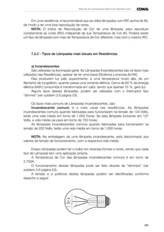 191
Manual de Instalações Elétricas Residenciais
Em uma residência, é recomendável que se utilize lâmpadas com IRC acima de 80,
de modo a ter uma boa reprodução de cores.
NOTA: O Índice de Reprodução de Cor de uma lâmpada, para reproduzir
corretamente as cores (IRC) independe de sua Temperatura de Cor (K). Poderá existir
um tipo de lâmpada com mais de Temperatura de Cor diferente, mas com o mesmo IRC.
7.2.2 - Tipos de Lâmpadas mais Usuais em Residências
a) Incandescentes
São utilizadas na iluminação geral. As Lâmpadas Incandescentes são os tipos mais
utilizados nas Residências, apesar de ter uma baixa Eficiência Luminosa (lm/W).
Elas produzem luz pelo aquecimento, a uma temperatura muito alta, de um
filamento de tungstênio, quando passa uma corrente elétrica. Cerca de 80 % da energia
elétrica (kWh) consumida é transformada em calor, sendo que apenas 15 %, gera luz.
Alguns tipos dessas lâmpadas, podem ser utilizadas com o Interruptor tipo
“dimmer” (ver subitem 2.6 página 53).
Os tipos mais comuns de Lâmpadas Incandescentes, são:
Incandescente comum: é a mais usual nas residências. As lâmpadas
incandescentes comuns quando fabricadas para funcionarem na tensão de 124 Volts,
terão uma vida média em torno de 1.000 horas. Se esta lâmpada funcionar em 127
Volts, a vida média cai para em torno de 750 horas.
As lâmpadas incandescentes comuns quando fabricadas para funcionarem na
tensão de 220 Volts, terão uma vida média em torno de 1.000 horas.
NOTA: Na embalagem de uma lâmpada incandescente, está discriminado aos
valores de tensão de funcionamento, com a respectiva vida média.
Essas Lâmpadas podem ter o bulbo em diversas formas e cores, sendo que cada
tipo de Lâmpada tem uma aplicação própria.
A Temperatura de Cor das lâmpadas incandescentes comuns é em torno de
2.700K.
O funcionamento dessas lâmpadas pode ser feito através de “dimmers” (ver
subitem 2.6 página 53).
A tensão e a potência destas lâmpadas podem ser identificadas conforme
desenho a seguir:
 