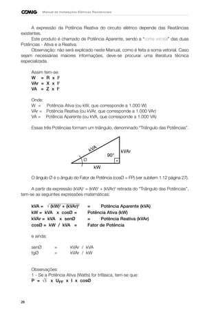 26
Manual de Instalações Elétricas Residenciais
A expressão da Potência Reativa do circuito elétrico depende das Reatâncias
existentes.
Este produto é chamado de Potência Aparente, sendo a “soma vetorial” das duas
Potências - Ativa e a Reativa.
Observação: não será explicado neste Manual, como é feita a soma vetorial. Caso
sejam necessárias maiores informações, deve-se procurar uma literatura técnica
especializada.
Assim tem-se:
W = R x I2
VAr = X x I2
VA = Z x I2
Onde:
W = Potência Ativa (ou kW, que corresponde a 1.000 W)
VAr = Potência Reativa (ou kVAr, que corresponde a 1.000 VAr)
VA = Potência Aparente (ou kVA, que corresponde a 1.000 VA)
Essas três Potências formam um triângulo, denominado “Triângulo das Potências”.
O ângulo Ø é o ângulo do Fator de Potência (cosØ = FP) (ver subitem 1.12 página 27).
A partir da expressão (kVA)2
= (kW)2
+ (kVAr)2
retirada do “Triângulo das Potências”,
tem-se as seguintes expressões matemáticas:
kVA = (kW)2
+ (kVAr)2
= Potência Aparente (kVA)
kW = kVA x cosØ = Potência Ativa (kW)
kVAr = kVA x senØ = Potência Reativa (kVAr)
cosØ = kW / kVA = Fator de Potência
e ainda:
senØ = kVAr / kVA
tgØ = kVAr / kW
Observações:
1 - Se a Potência Ativa (Watts) for trifásica, tem-se que:
P = x UFF x I x cosØ√3
√
Ø
 