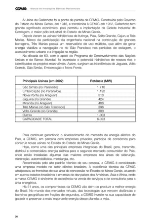 36
Manual de Instalações Elétricas Residenciais
A Usina de Gafanhoto foi o ponto de partida da CEMIG. Construída pelo Governo
do Estado de Minas Gerais, em 1946, e transferida à CEMIG em 1952, Gafanhoto tem
grande significado econômico, pois permitiu a implantação da Cidade Industrial de
Contagem, o maior pólo industrial do Estado de Minas Gerais.
Depois vieram as usinas hidrelétricas de Itutinga, Piau, Salto Grande, Cajuru e Três
Marias. Marco da participação da engenharia nacional na construção de grandes
barragens, Três Marias possui um reservatório de uso múltiplo, que além de gerar
energia viabiliza a navegação no rio São Francisco nos períodos de estiagem, o
abastecimento urbano e a irrigação na região.
Na década de 60, com o apoio do Programa de Desenvolvimento das Nações
Unidas e do Banco Mundial, foi levantado o potencial hidrelétrico de nossos rios e
identificados os projetos mais viáveis. Assim, surgiram as hidrelétricas de Jaguara, Volta
Grande, São Simão, Emborcação e Nova Ponte.
Principais Usinas (em 2002) Potência (MW)
São Simão (rio Paranaíba) 1.710
Emborcação (rio Paranaíba) 1.192
Nova Ponte (rio Araguari) 510
Jaguara (rio Grande) 424
Miranda (rio Araguari) 408
Três Marias (rio São Francisco) 396
Volta Grande (rio Grande) 380
Outras 1.003
CAPACIDADE TOTAL 6.023
Para continuar garantindo o abastecimento do mercado de energia elétrica do
País, a CEMIG, em parceria com empresas privadas, participa de consórcios para
construir novas usinas no Estado do Estado de Minas Gerais.
Hoje, como uma das principais empresas integradas do Brasil, gera, transmite,
distribui e comercializa energia elétrica para o segundo mercado consumidor do País,
onde estão instaladas algumas das maiores empresas nas áreas de siderurgia,
mineração, automobilística, metalurgia, etc.
Reconhecida pelo alto padrão técnico de seu pessoal, a CEMIG é considerada
uma empresa modelo no setor elétrico brasileiro. A excelência técnica da CEMIG
ultrapassou as fronteiras de sua área de concessão no Estado de Minas Gerais, atuando
em outros estados brasileiros e em mais de dez países das Américas, Ásia e África, onde
a marca CEMIG é sinônimo de excelência na venda de serviços e de consultoria para a
área energética.
Há 51 anos, os compromissos da CEMIG vão além de produzir a melhor energia
do Brasil. No mundo dos mercados virtuais, das tecnologias que vencem distâncias e
barreiras geográficas em frações de segundos, a CEMIG investe na sua capacidade de
garantir e preservar a mais importante energia desse planeta: a vida.
 