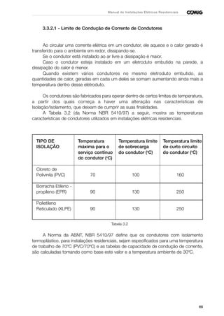69
Manual de Instalações Elétricas Residenciais
3.3.2.1 - Limite de Condução de Corrente de Condutores
Ao circular uma corrente elétrica em um condutor, ele aquece e o calor gerado é
transferido para o ambiente em redor, dissipando-se.
Se o condutor está instalado ao ar livre a dissipação é maior.
Caso o condutor esteja instalado em um eletroduto embutido na parede, a
dissipação do calor é menor.
Quando existem vários condutores no mesmo eletroduto embutido, as
quantidades de calor, geradas em cada um deles se somam aumentando ainda mais a
temperatura dentro desse eletroduto.
Os condutores são fabricados para operar dentro de certos limites de temperatura,
a partir dos quais começa a haver uma alteração nas características de
Isolação/Isolamento, que deixam de cumprir as suas finalidades.
A Tabela 3.2 (da Norma NBR 5410/97) a seguir, mostra as temperaturas
características de condutores utilizados em instalações elétricas residenciais.
TIPO DE Temperatura Temperatura limite Temperatura limite
ISOLAÇÃO máxima para o de sobrecarga de curto circuito
serviço contínuo do condutor (o
C) do condutor (o
C)
do condutor (o
C)
Cloreto de
Polivinila (PVC) 70 100 160
Borracha Etileno -
propileno (EPR) 90 130 250
Polietileno
Reticulado (XLPE) 90 130 250
Tabela 3.2
A Norma da ABNT, NBR 5410/97 define que os condutores com isolamento
termoplástico, para instalações residenciais, sejam especificados para uma temperatura
de trabalho de 70ºC (PVC/70ºC) e as tabelas de capacidade de condução de corrente,
são calculadas tomando como base este valor e a temperatura ambiente de 30ºC.
 