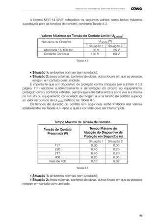 93
Manual de Instalações Elétricas Residenciais
A Norma NBR 5410/97 estabelece os seguintes valores como limites máximos
suportáveis para as tensões de contato, conforme Tabela 4.3.
Valores Máximos de Tensão de Contato Limite (ULimite)
Natureza da Corrente ULimite (V)
Situação 1 Situação 2
Alternada 15-100 Hz 50 V 25 V
Corrente Contínua 120 V 60 V
Tabela 4.3
• Situação 1: ambientes normais (sem umidade);
• Situação 2: áreas externas, canteiros de obras, outros locais em que as pessoas
estejam em contato com umidade.
É importante que um dispositivo de proteção contra choques (ver subitem 4.6.3
página 111) seccione automaticamente a alimentação do circuito ou equipamento
protegido contra contatos indiretos, sempre que uma falha entre a parte viva e a massa
no circuito ou equipamento considerado der origem a uma tensão de contato superior
ao valor apropriado de ULimite definido na Tabela 4.3.
Os tempos de duração do contato (em segundos) estão limitados aos valores
estabelecidos na Tabela 4.4, após o qual a corrente deve ser interrompida.
Tempo Máximo de Tensão de Contato
Tensão de Contato Tempo Máximo de
Presumida (V) Atuação do Dispositivo de
Proteção em Segundos (s)
Situação 1 Situação 2
127 0,80 0,35
220 0,40 0,20
277 0,40 0,20
400 0,20 0,05
mais de 400 0,10 0,02
Tabela 4.4
• Situação 1: ambientes normais (sem umidade);
• Situação 2: áreas externas, canteiros de obras, outros locais em que as pessoas
estejam em contato com umidade.
 