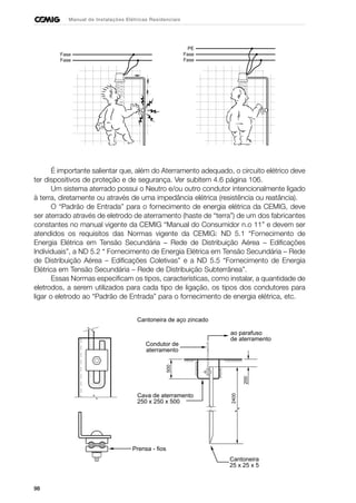 98
Manual de Instalações Elétricas Residenciais
Fase
Fase
PE
Fase
Fase
É importante salientar que, além do Aterramento adequado, o circuito elétrico deve
ter dispositivos de proteção e de segurança. Ver subitem 4.6 página 106.
Um sistema aterrado possui o Neutro e/ou outro condutor intencionalmente ligado
à terra, diretamente ou através de uma impedância elétrica (resistência ou reatância).
O “Padrão de Entrada” para o fornecimento de energia elétrica da CEMIG, deve
ser aterrado através de eletrodo de aterramento (haste de “terra”) de um dos fabricantes
constantes no manual vigente da CEMIG “Manual do Consumidor n.o 11” e devem ser
atendidos os requisitos das Normas vigente da CEMIG: ND 5.1 “Fornecimento de
Energia Elétrica em Tensão Secundária – Rede de Distribuição Aérea – Edificações
Individuais”, a ND 5.2 “ Fornecimento de Energia Elétrica em Tensão Secundária – Rede
de Distribuição Aérea – Edificações Coletivas” e a ND 5.5 “Fornecimento de Energia
Elétrica em Tensão Secundária – Rede de Distribuição Subterrânea”.
Essas Normas especificam os tipos, características, como instalar, a quantidade de
eletrodos, a serem utilizados para cada tipo de ligação, os tipos dos condutores para
ligar o eletrodo ao “Padrão de Entrada” para o fornecimento de energia elétrica, etc.
Cantoneira de aço zincado
500
200
Condutor de
aterramento
ao parafuso
de aterramento
2400
Cava de aterramento
250 x 250 x 500
Cantoneira
25 x 25 x 5
Prensa - fios
 