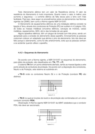 99
Manual de Instalações Elétricas Residenciais
Todo Aterramento elétrico tem um valor de Resistência (ohms). O valor da
resistência do Aterramento é muito importante. Quanto menor o valor, é melhor, pois
aumenta a segurança – a corrente elétrica de falta escoa para a terra com mais
facilidade. Para isso, deve seguir os procedimentos sobre os aterramentos nas Normas
vigentes da CEMIG, bem como a Norma vigente NBR 5410/97.
O Aterramento de equipamentos elétricos de uma instalação elétrica consiste na
ligação à Terra, através dos condutores de Proteção (PE) (ver subitem 4.4.3 página 100),
de todas as massas metálicas (chuveiros elétricos, carcaças de motores, caixas
metálicas, equipamentos, QDC, etc) e das tomadas de uso geral.
Alguns aparelhos elétricos, têm um plugue de tomada com três pinos, sendo um
apropriado para a conexão do aterramento desse aparelho. Erroneamente as pessoas
costumam colocar um adaptador que elimina o pino de aterramento. Isto não deve ser
feito porque o aterramento, como foi dito anteriormente, evita que as pessoas venham
a se acidentar quando utilizar o aparelho.
4.4.2 – Esquemas de Aterramento
De acordo com a Norma vigente, a NBR 5410/97 os esquemas de aterramento,
para efeito de proteção, são classificados em: TN, TT e IT.
O sistema TN tem um ponto diretamente aterrado, sendo as massas ligadas a este
ponto através de condutores de proteção. De acordo com a disposição dos condutores,
Neutro e de Proteção, este sistema se subdivide em:
• TN-S onde os condutores Neutro (N) e o de Proteção (condutor PE) são
distintos:
• TN-C no qual as funções de neutro e de proteção são combinadas em um único
condutor (condutor PEN):
Observação: A Norma vigente NBR 5410/97 da ABNT estabelece que o condutor
PEN, não deve ser seccionado.
A
B
C
PEN
Sistema TN - C
A
B
C
N
PE
Sistema TN - S
 