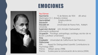 EMOCIONES
Paul Ekman
Nacimiento 15 de febrero de 1934 (85 años)
Washington D. C. (Estados Unidos)
Nacionalidad Estadounidense
Educación Ph.D.
Educado en Universidad de Nueva York, Adelphi
University
Supervisor doctoral John Amsden Starkweather
Información profesional
Ocupación Psicólogo, antropólogo, sociólogo, escritor de no
ficción y profesor universitario
Área Psicología
Empleador Universidad de California en San Francisco
Distinciones
APA Award for Distinguished Scientific Contributions to
Psychology (1991)
Premio William James (1998)
Premio Eureka para la comunicación de la ciencia (2004)
 