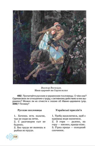 Виктор Васнецов.
Иван-царевич на Сером волке
482. Прочитайте русские и украинские пословицы. О чём они?
Одинаковое ли отношение к труду, к активному действию в них вы­
ражено? Можно ли их отнести к сказке об Иване-царевиче (упр.
396)? Почему?
Русские пословицы
1. Хочешь есть калачи,
так не сиди на печи.
2. С разговоров сыт не
будешь.
3. Без труда не вынешь и
рыбки из пруда.
Українські прислів’я
1. Треба нахилитися, щоб з
криниці води напитися.
2. З гори — далеко, на
гору — високо, краще ніяк.
3. Гірка праця — солодкий
спочинок.
218
 