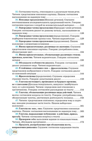 35. Составляем тексты, относящиеся к различным типам речи.
Читаем: представляем описанные картины. Пишем: составляем
высказывание назаданнуютему................................................120
36. Неполные предложения (Неповні речення). Слушаем:
восстанавливаемпоследовательность предложенийтексте. Говорим:
составляем пересказ сопорой навспомогательный материал........123
37. Однородныечленыпредложения (Однорідні члени речення).
Говорим: составляем диалог по данному началу, высказывание на
заданнуютему.......................................................................... 126
38. Однородныечленыпредложения (продолжение). Говорим:
подбираемтематические группы слов. Читаем выразительно .... 129
39. Однородныечленыпредложения (продолжение). Пишем
изложение с элементамисочинения...........................................133
40. Имена прилагательные, различные по значению. Слушаем:
представляем описанные картины. Говорим: употребляем слова,
обозначающие цвет................................................................... 134
41. Имена прилагательные, обозначающие различную степень
признака, качества. Читаем выразительно. Говорим: составляем
загадки................................................................................... 138
42. Обсуждаем особенности диалога. Говорим: составляем
диалог указанного вида. Читаем выразительно........................... 142
43. Устойчивые сочетания слов — фразеологизмы. Слушаем:
представляем изображённое втексте. Говорим: составляем диалог
по описанной ситуации............................................................ 144
44. Фразеологизмы (продолжение). Слушаем: определяем
строение текста. Говорим: разыгрываем диалог........................... 150
45. Глаголы настоящего, прошедшего и будущего времени;
не сглаголами (Дієслова теперішнього, минулого і майбутнього
часу; не з дієсловами). Читаєм: определяем своё отношение к
прочитанному. Говорим: составляем рассуждение по тексту.......154
46. Глаголы, обозначающие различные видыдействий. Читаем
молча: составляем вопросы по тексту. Говорим: употребляем слова,
обозначающие чувства, умственную деятельность человека..........158
47. Читаем: представляем описанное; определяем тему и подте­
мы; находим указанные части текста. Пишем выборочное
изложение................................................................................161
48. Глаголы на -ишь, -ешь. Слушаем: представляем описанные
картины. Пишем: составляем высказывание на заданную тему. . .165
49. Глаголы, выражающие побуждение кдействию, приказ,
просьбу. Читаем: составляем вопросы к тексту........................... 169
50. Проверяем себя: выполняем задание по языковым темам.
Читаем, обсуждаем прочитанное................................................ 173
51. Предлоги, употребляемые при обозначении места,
направления движения. Слушаем: соотносим содержание текста
 
