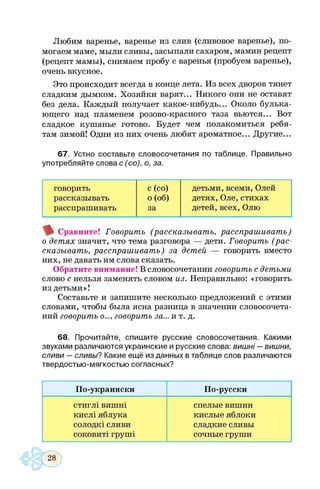 Любим варенье, варенье из слив (сливовое варенье), по­
могаем маме, мыли сливы, засыпали сахаром, мамин рецепт
(рецепт мамы), снимаем пробу с варенья (пробуем варенье),
очень вкусное.
Это происходит всегда в конце лета. Из всех дворов тянет
сладким дымком. Хозяйки варят... Никого они не оставят
без дела. Каждый получает какое-нибудь... Около булька­
ющего над пламенем розово-красного таза вьются... Вот
сладкое кушанье готово. Будет чем полакомиться ребя­
там зимой! Одни из них очень любят ароматное... Другие...
67. Устно составьте словосочетания по таблице. Правильно
употребляйте слова с (со), о, за.
говорить с (со) детьми, всеми, Олей
рассказывать о (об) детях, Оле, стихах
расспрашивать за детей, всех, Олю
^ Сравните! Говорить (рассказывать, расспрашивать)
о детях значит, что тема разговора — дети. Говорить (рас­
сказывать, расспрашивать) за детей — говорить вместо
них, не давать им слова сказать.
Обратите внимание! В словосочетании говорить с детьми
слово с нельзя заменять словом из. Неправильно: «говорить
из детьми»!
Составьте и запишите несколько предложений с этими
словами, чтобы была ясна разница в значении словосочета­
ний говорить о..., говорить за... и т. д.
68. Прочитайте, спишите русские словосочетания. Какими
звуками различаются украинские и русские слова: вишні —вишни,
сливи — сливы? Какие ещё из данных в таблице слов различаются
твердостью-мягкостью согласных?
По-украински По-русски
стиглі вишні
кислі яблука
солодкі сливи
соковиті груші
спелые вишни
кислые яблоки
сладкие сливы
сочные груши
 