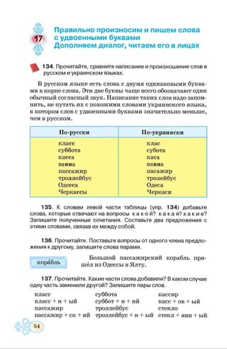 Правильно произносим и пишем слова
с удвоенными буквами
Дополняем диалог, читаем его в лицах
134. Прочитайте, сравните написание и произношение слов в
русском и украинском языках.
В русском языке есть слова с двумя одинаковыми буква­
ми в корне слова. Эти две буквы чаще всего обозначают один
обычный согласный звук. Написание таких слов надо запом­
нить, не путать их с похожими словами украинского языка,
в котором слов с удвоенными буквами значительно меньше,
чем в русском.
По-русски По-украински
класс клас
суббота субота
касса каса
ванна ванна
пассажир пасажир
троллейбус тролейбус
Одесса Одеса
Черкассы Черкаси
135. К словам левой части таблицы (упр. 134) добавьте
слова, которые отвечают на вопросы к а к о й ? к а к а я ? к а к и е ?
Запишите полученные сочетания. Составьте два предложения с
этими словами, связав их между собой.
136. Прочитайте. Поставьте вопросы от одного члена предло­
жения к другому, запишите слова парами.
, Большой пассажирский корабль при-
корабль шёл из Одессы в Ялту.
137. Прочитайте. Какие части слова добавили? В каком случае
одну часть заменили другой? Запишите пары слов.
класс суббота кассир
класс + н + ый суббот + н + ий касс + ов + ый
пассажир троллейбус стекло
пассажир + ск + ий троллейбус + н + ый стекл + янн + ый
 