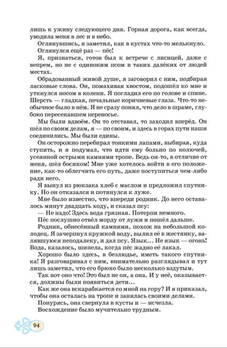 лишь к ужину следующего дня. Горная дорога, как всегда,
уводила меня в лес и в небо.
Оглянувшись, я заметил, как в кустах что-то мелькнуло.
Оглянулся ещё раз — пёс!
Я, признаться, готов был к встрече с лисицей, даже с
вепрем, но не с одиноким псом в таких далёких от людей
местах.
Обрадованный живой душе, я заговорил с ним, подбирая
ласковые слова. Он, помахивая хвостом, подошёл ко мне и
уткнулся носом в колени. Я погладил его по голове и спине.
Шерсть — гладкая, печальные коричневые глаза. Что-то не­
обычное было в нём. Я не сразу понял, что дело в шраме, глу­
боко пересекавшем переносье.
Мы были вдвоём. Он то отставал, то заходил вперёд. Он
шёл по своим делам, я — по своим, и здесь в горах пути наши
соединились. Мы были едины.
Он осторожно перебирал тонкими лапами, выбирая, куда
ступить, и я подумал, что идти ему больно по колючей,
усеянной острыми камнями тропе. Ведь он-то, в отличие от
меня, шёл босиком! Мне уже хотелось войти в его положе­
ние, как-то облегчить его путь, даже поступиться чем-либо
ради него.
Я вынул из рюкзака хлеб с маслом и предложил спутни­
ку. Но он отказался и потянулся к луже.
Мне было известно, что впереди родник. До него остава­
лось минут двадцать ходу, и сказал псу:
— Не надо! Здесь вода грязная. Потерпи немного.
Пёс послушно отвёл морду от лужи и пошёл дальше.
Родник, обнесённый камнями, похож на небольшой ко­
лодец. Я зачерпнул кружкой воду, вылил её в жестянку, ва­
лявшуюся неподалеку, и дал псу. Язык... Не язык — огонь!
Вода, казалось, шипела, когда пёс жадно её лакал.
Хорошо было здесь, в безлюдье, иметь такого спутни­
ка! Я разговаривал с ним, внимательно разглядывал и тут
лишь заметил, что его брюхо было несколько вздутым.
Так вот оно что! Это был не он, а она. И у неё, оказывает­
ся, должны были появиться дети...
Как же она вскарабкается со мной на гору? И я приказал,
чтобы она осталась на тропе и занялась своими делами.
Понурясь, она свернула в кусты и — исчезла.
Восхождение было мучительно трудным.
 