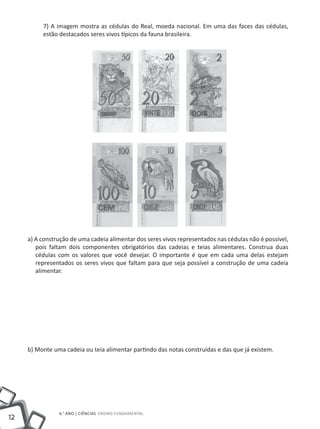 12
6.° ano | ciências Ensino Fundamental
7) A imagem mostra as cédulas do Real, moeda nacional. Em uma das faces das cédulas,
estão destacados seres vivos típicos da fauna brasileira.
a) A construção de uma cadeia alimentar dos seres vivos representados nas cédulas não é possível,
pois faltam dois componentes obrigatórios das cadeias e teias alimentares. Construa duas
cédulas com os valores que você desejar. O importante é que em cada uma delas estejam
representados os seres vivos que faltam para que seja possível a construção de uma cadeia
alimentar.
b) Monte uma cadeia ou teia alimentar partindo das notas construídas e das que já existem.
 