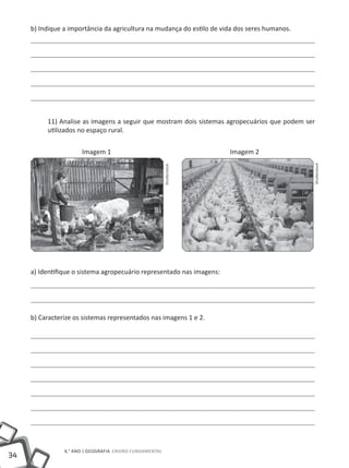 34
6.° ano | GEOGRAFIA Ensino Fundamental
b) Indique a importância da agricultura na mudança do estilo de vida dos seres humanos.
11) Analise as imagens a seguir que mostram dois sistemas agropecuários que podem ser
utilizados no espaço rural.
		 Imagem 1 			 			 Imagem 2
	
a) Identifique o sistema agropecuário representado nas imagens:
b) Caracterize os sistemas representados nas imagens 1 e 2.
Shutterstock
Shutterstock
 